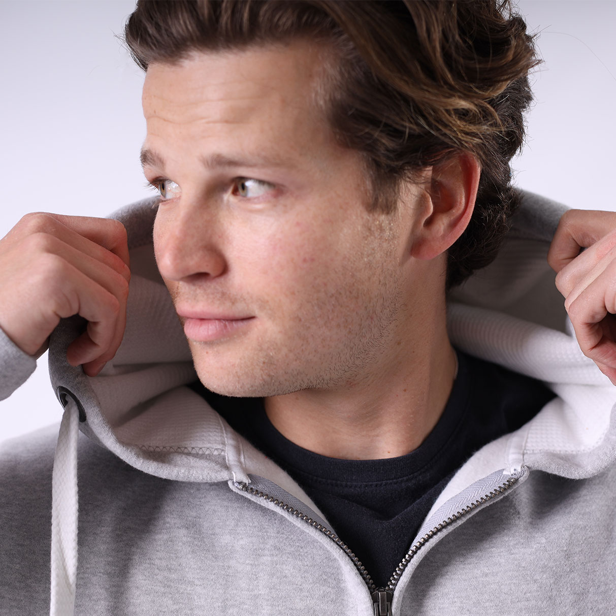 W81PF Grey Male Zip Close Up Front